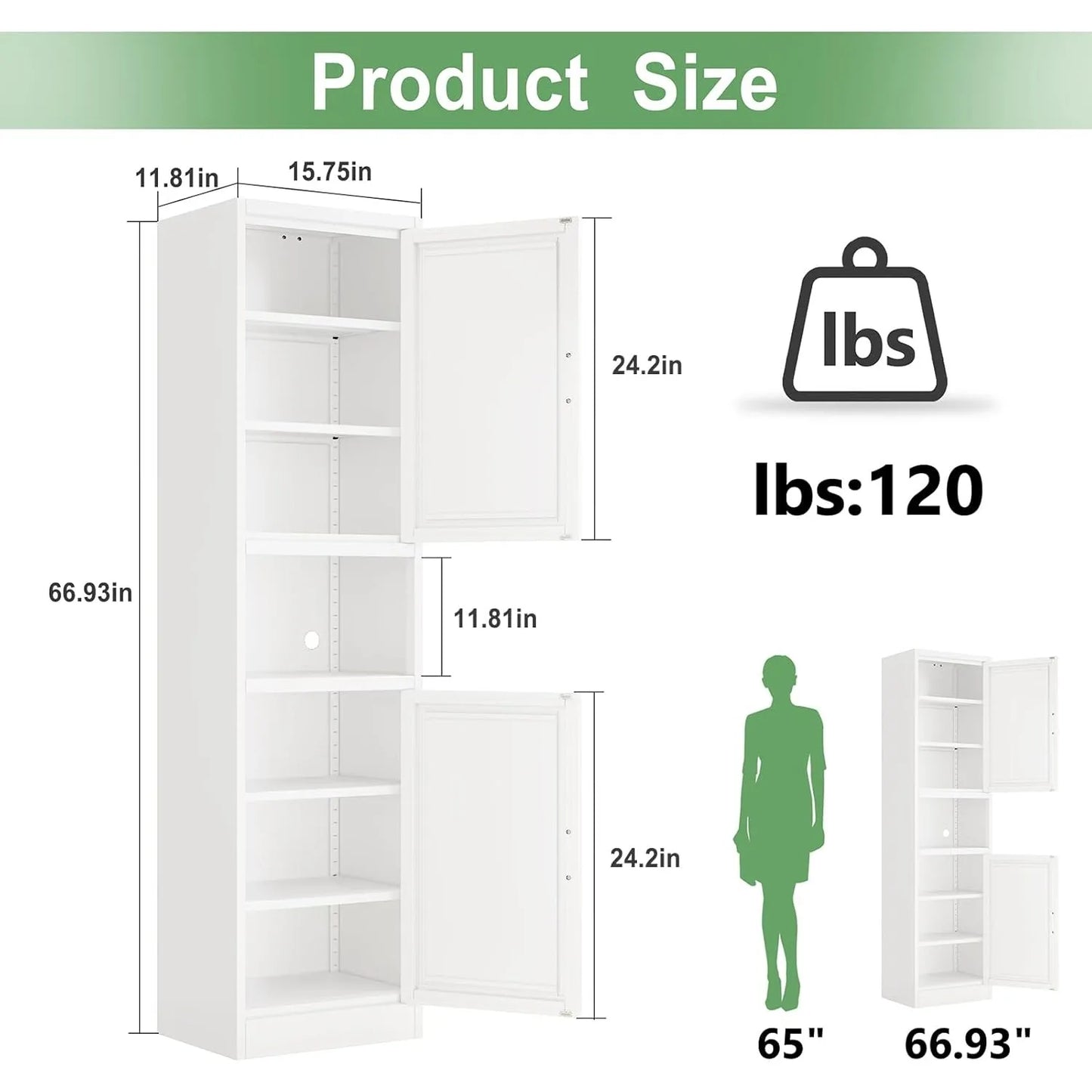 Tall Narrow Storage Cabinet 66.93" H Adjustable Shelves Home Office Kitchen