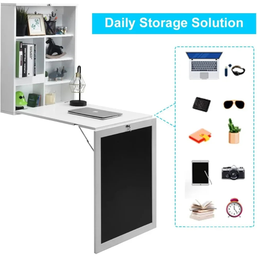 Folding Wall Mounted Desk with Storage Shelves and Hooks for Small Spaces