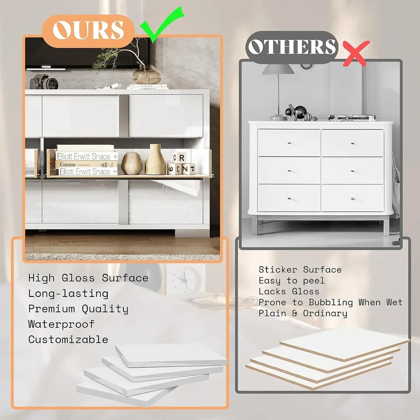 54 Inch High Gloss 6 Drawer Dresser Modern Chest for Bedroom Storage