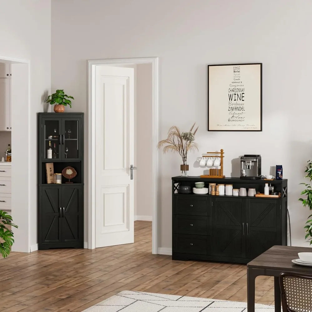 47 Inch Black Storage Cabinet Farmhouse Sideboard Buffet Kitchen Pantry