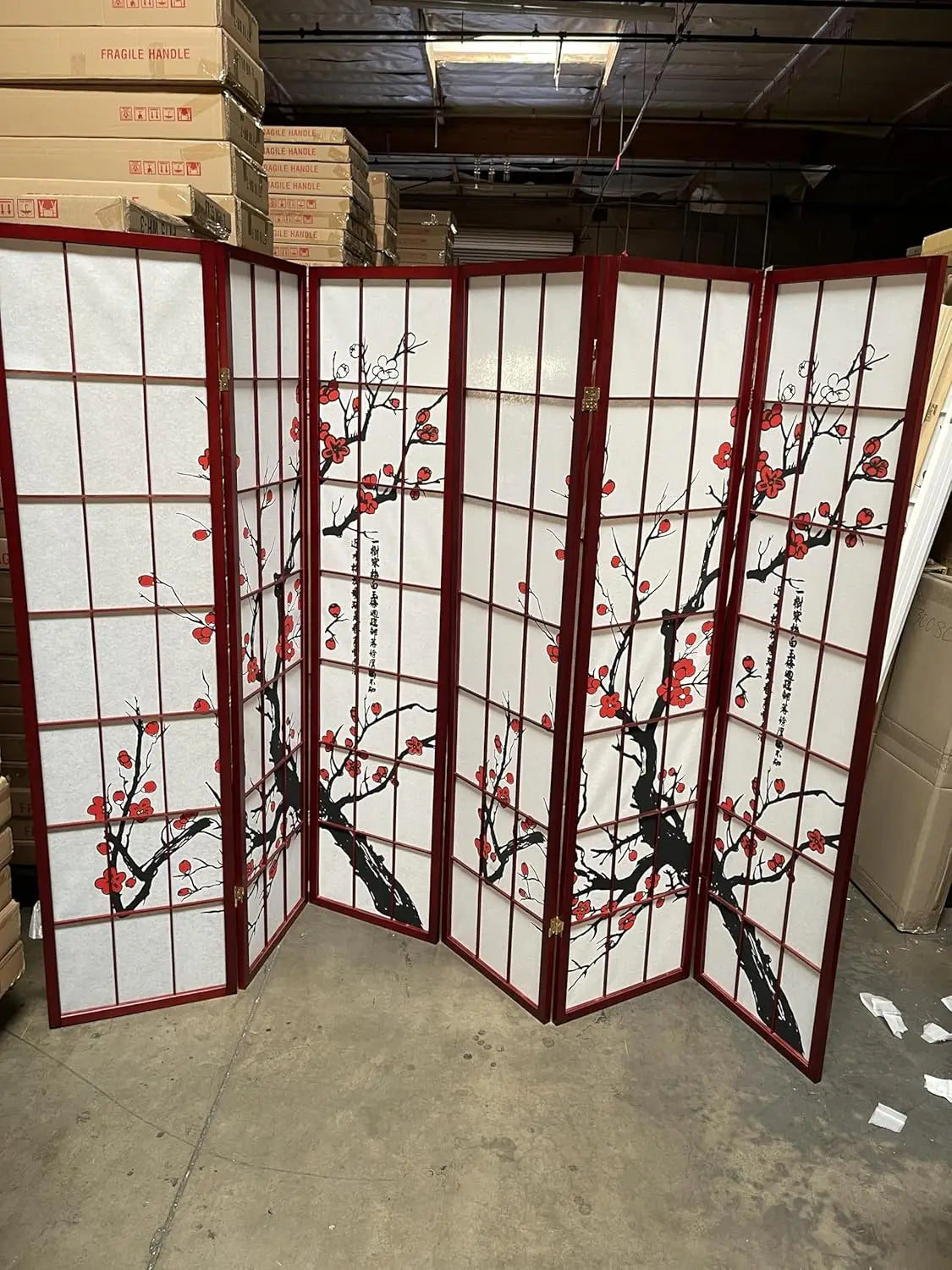 BlossomView Japanese Room Divider 6 Panel Plum Motifs Modern Privacy Screen
