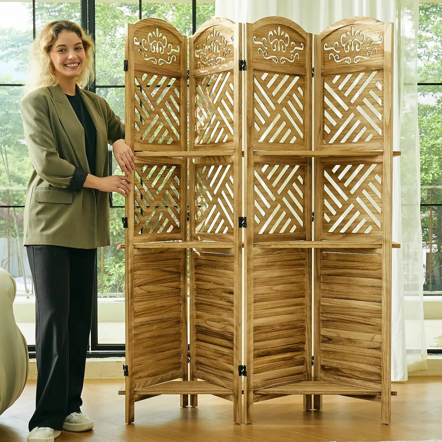 Partition Room Dividers Folding Wood Privacy Screen with Shelves