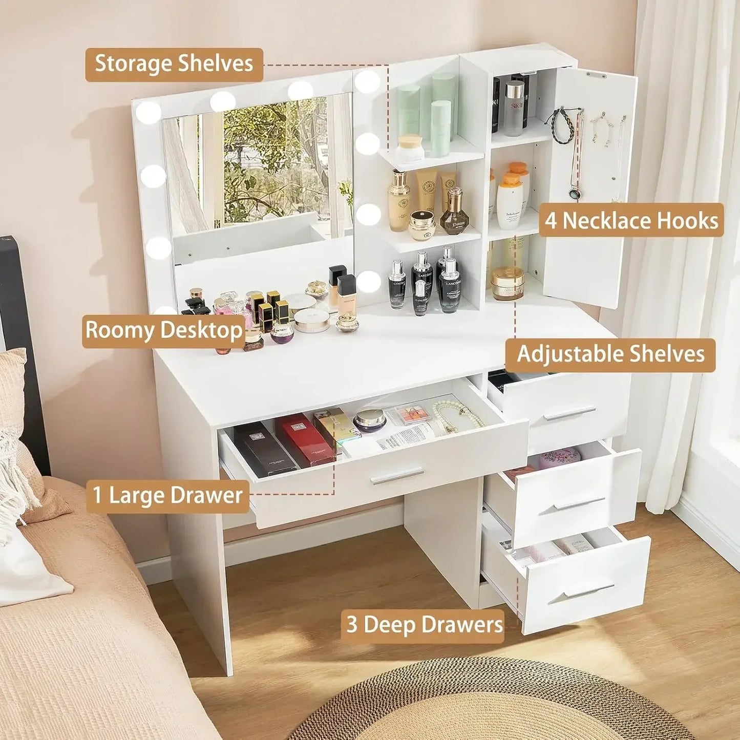 Makeup Vanity with Mirror and 10 LED Lights 4 Drawers Necklace Hooks