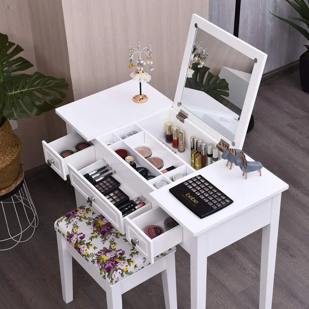 Makeup Vanity Desk with Flip Top Mirror and Cushioned Stool for Girls