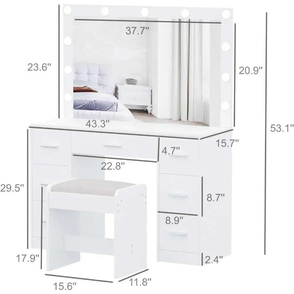 Ljustra Vanity Desk with Lighted Mirror Adjustable Brightness 7 Drawers