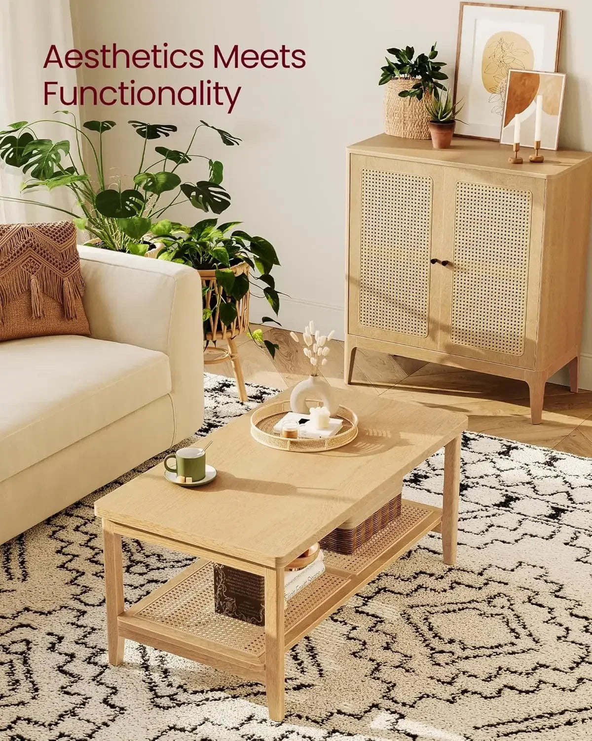 2-Tier Rounded Corners Coffee Table with PVC Rattan Shelf for Living Room