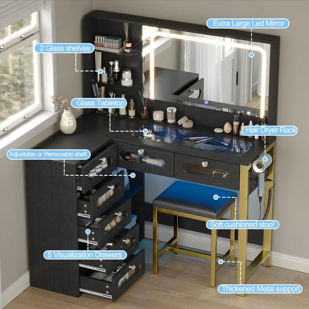Modern Vanity Desk with Mirror and RGB Drawers Power Outlet Makeup Station