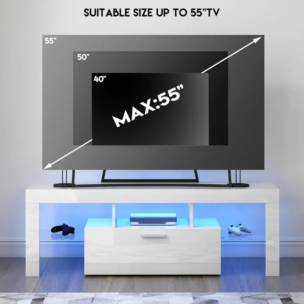 Modern White TV Stand with LED Lights for 32-55 Inch TVs Entertainment Center