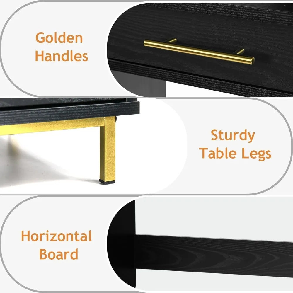 Modern Black Desk with Drawers and Golden Handles for Home Office