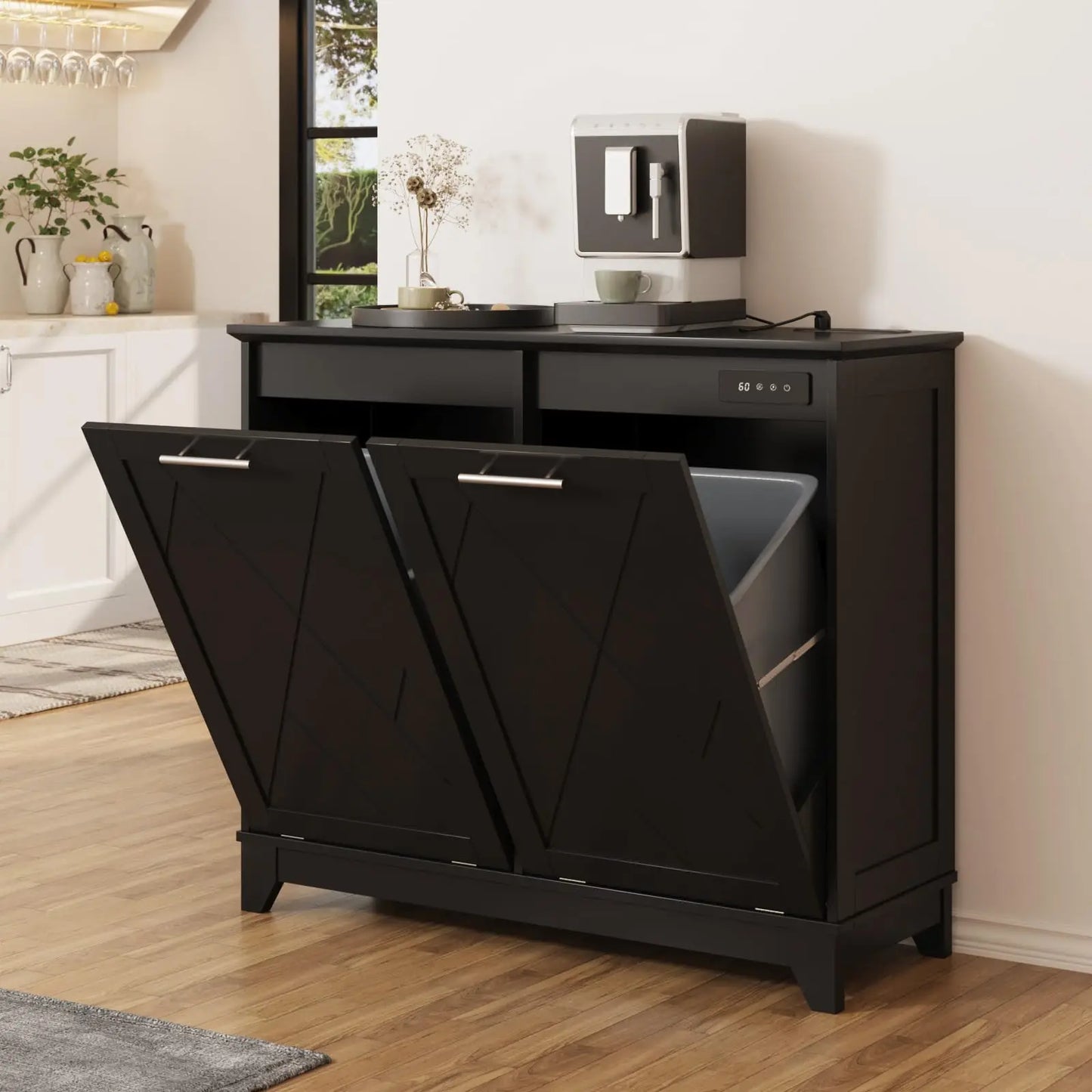 Tilt Out Trash Can Cabinet with Charging Station and Deodorizing Function