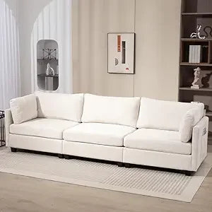 Modern 3-Seater Chenille Sofa Beige Deep Seat Couch with Cushions & Side Pocket