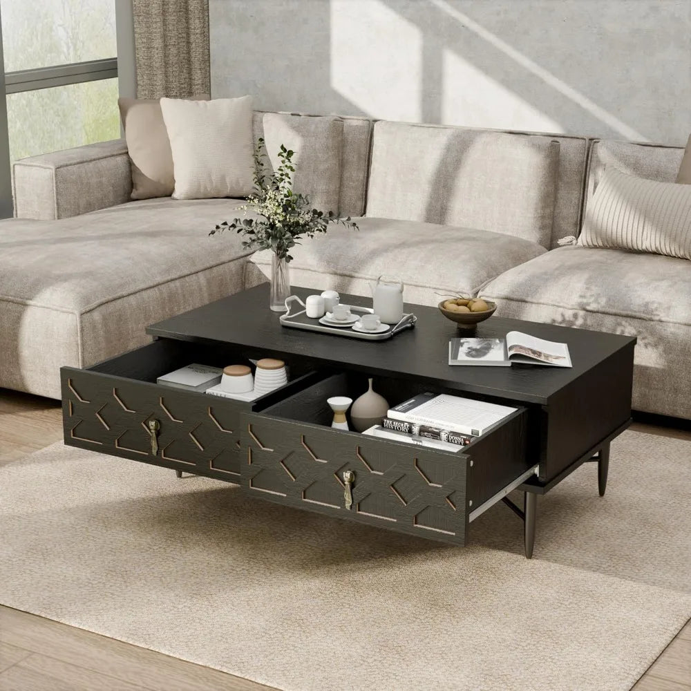 Mid Century Modern Fluted Wooden Coffee Table with Storage for Living Room