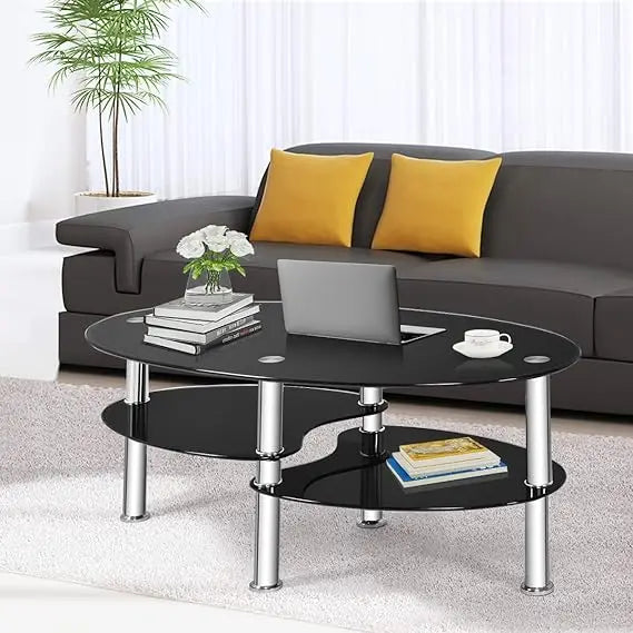 Modern Glass Coffee Table with Steel Legs 3-Tier Shelves for Living Room