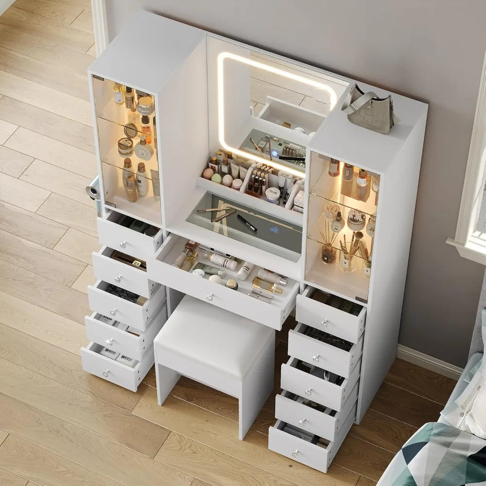 11 Drawer Makeup Vanity with LED Mirror Charging Station Storage Desk