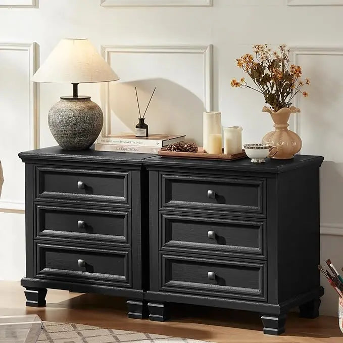 Rustic Farmhouse Nightstand Set of 2 with 3 Drawers and Solid Wood Legs