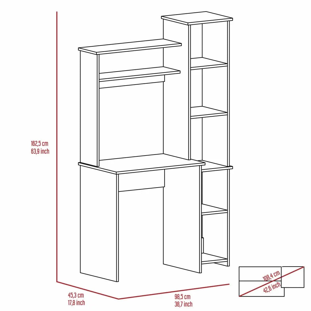 Smokey Oak Writing Desk with Built-in Bookcase and 6 Shelves