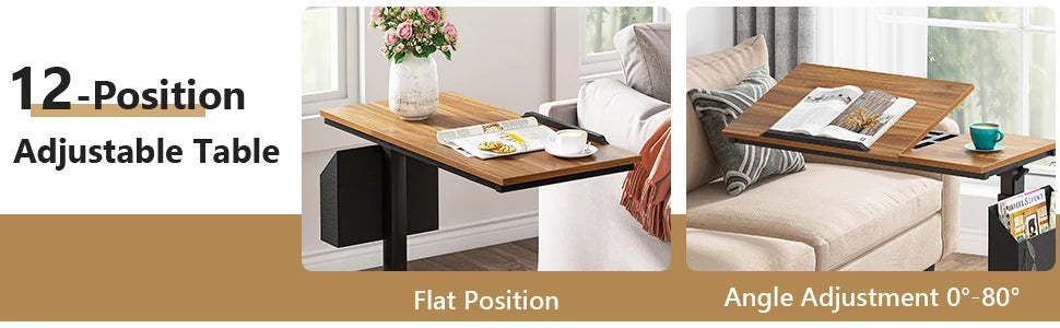 Tribesigns Height Adjustable C Shaped End Table with Wheels and Pocket