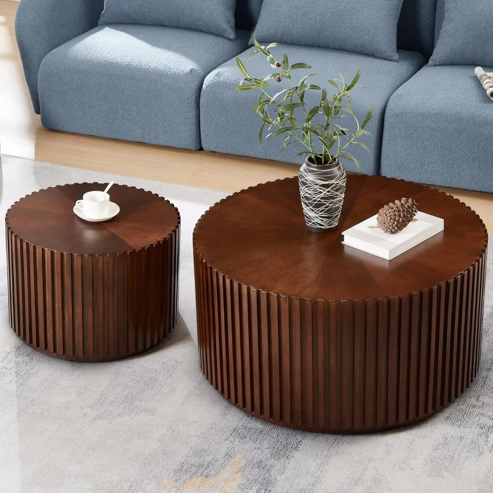 Round Wood Coffee Table Set of 2 Handcrafted Modern Accent Tables