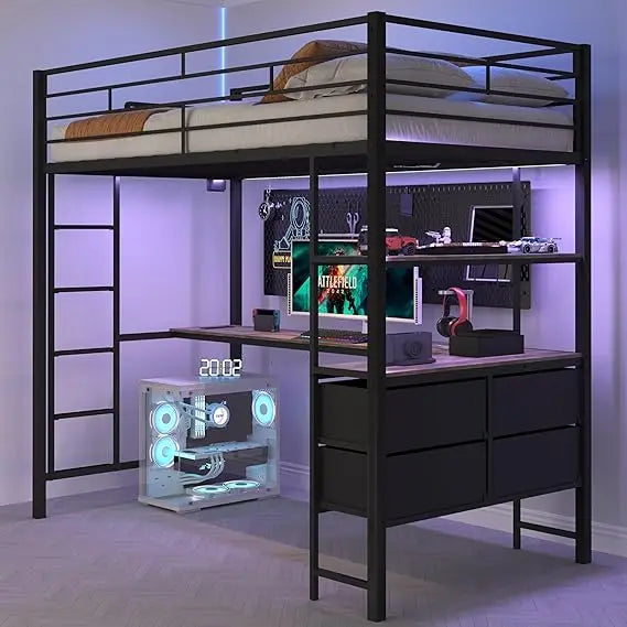Ljustra Twin Metal Loft Bed Frame with Desk and Charging Stations