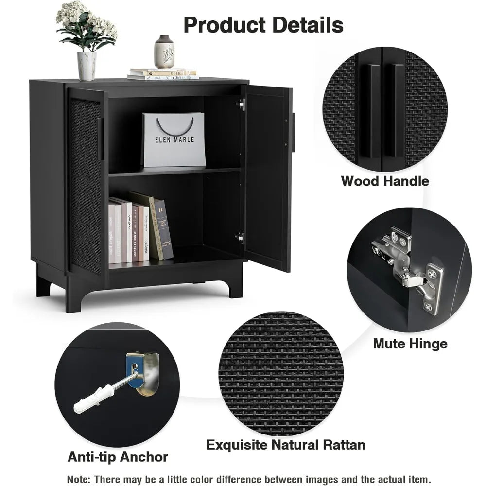 Black Rattan Storage Cabinet 2 Doors Adjustable Shelf Entryway Buffet
