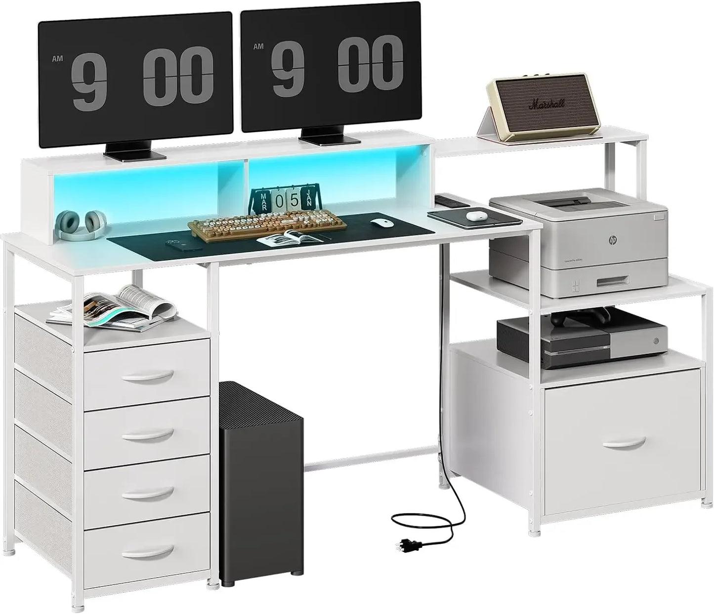 67 Inch Modern Computer Desk with Drawers Power Outlet LED Lights Gaming