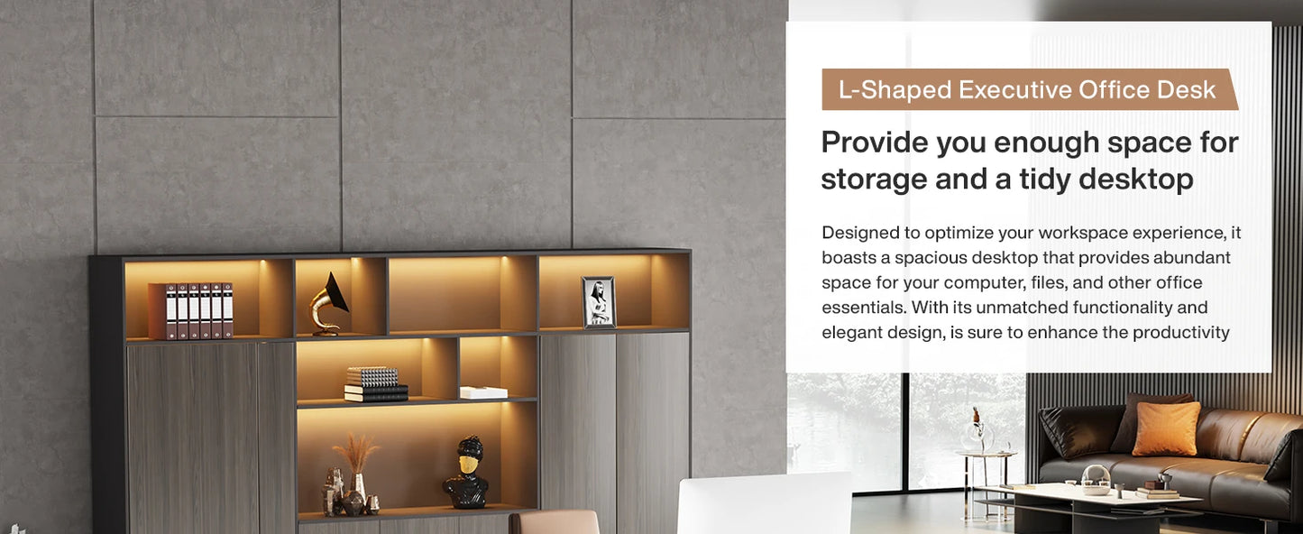 Modern L-Shaped Executive Desk with Drawers and File Cabinet Office