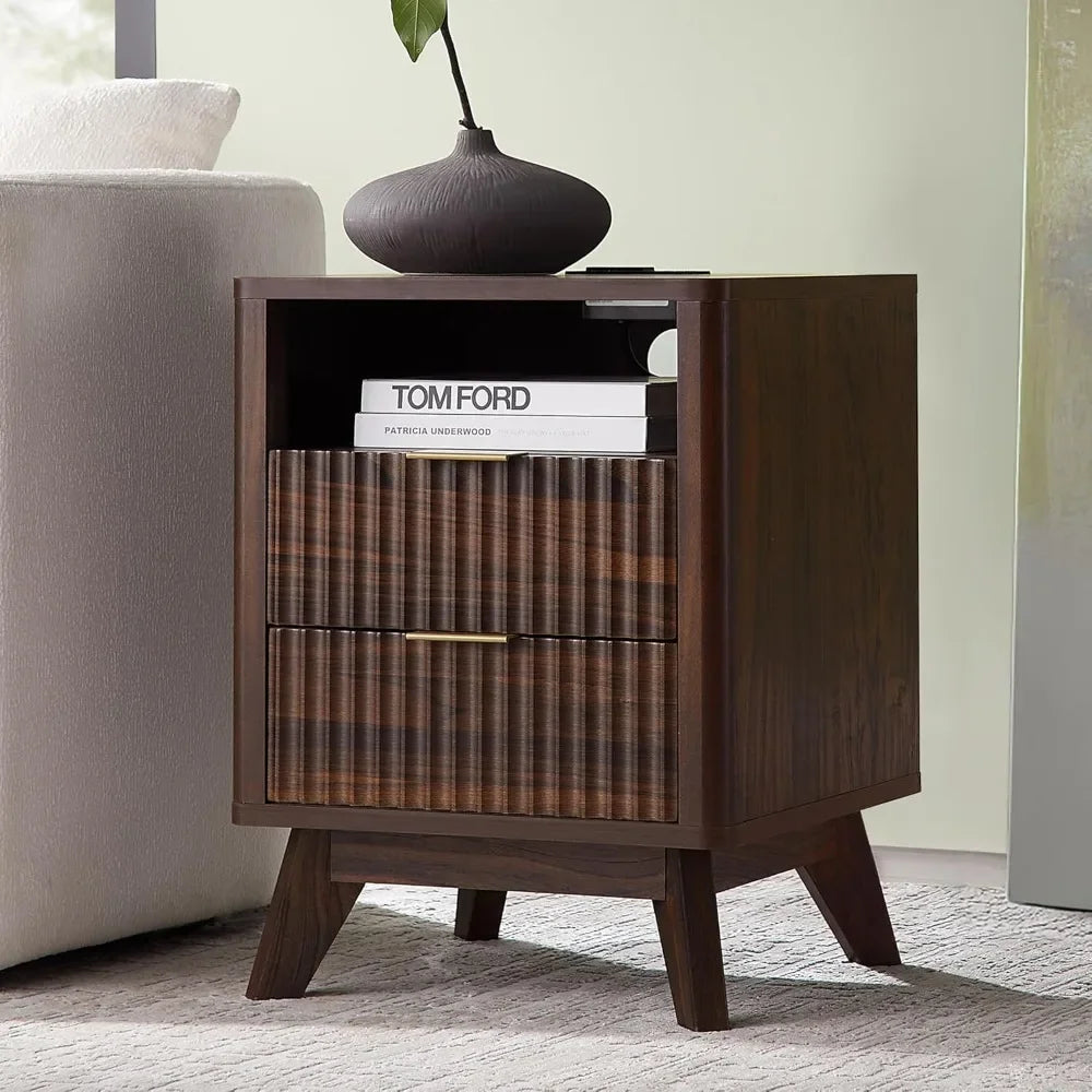 Fluted Nightstand with Charging Station 18" Modern Side Table 2 Drawers