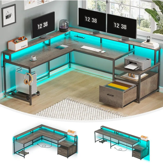 L Shaped Desk with File Drawer Power Outlet Monitor Shelf Home Office