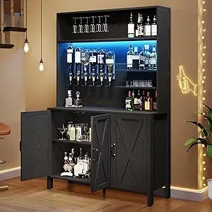 Farmhouse Bar Cabinet with LED Lights Wine Rack and Liquor Dispenser