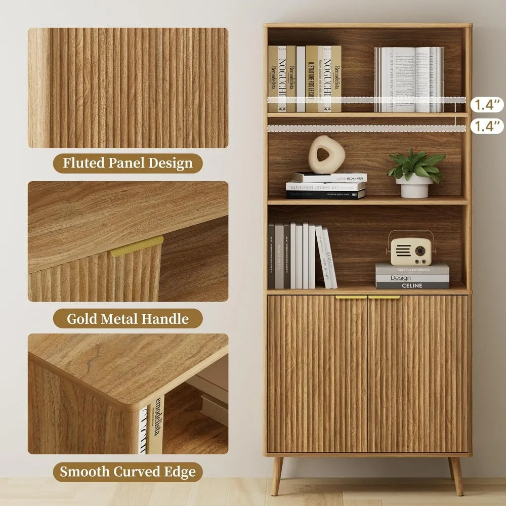 Natural Oak Bookshelf 70.9 Inch 5-Tier Bookcase with Fluted Doors