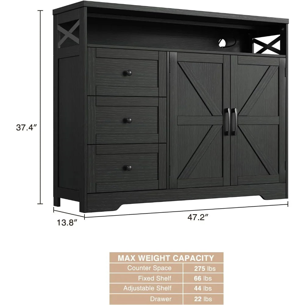47 Inch Black Storage Cabinet Farmhouse Sideboard Buffet Kitchen Pantry