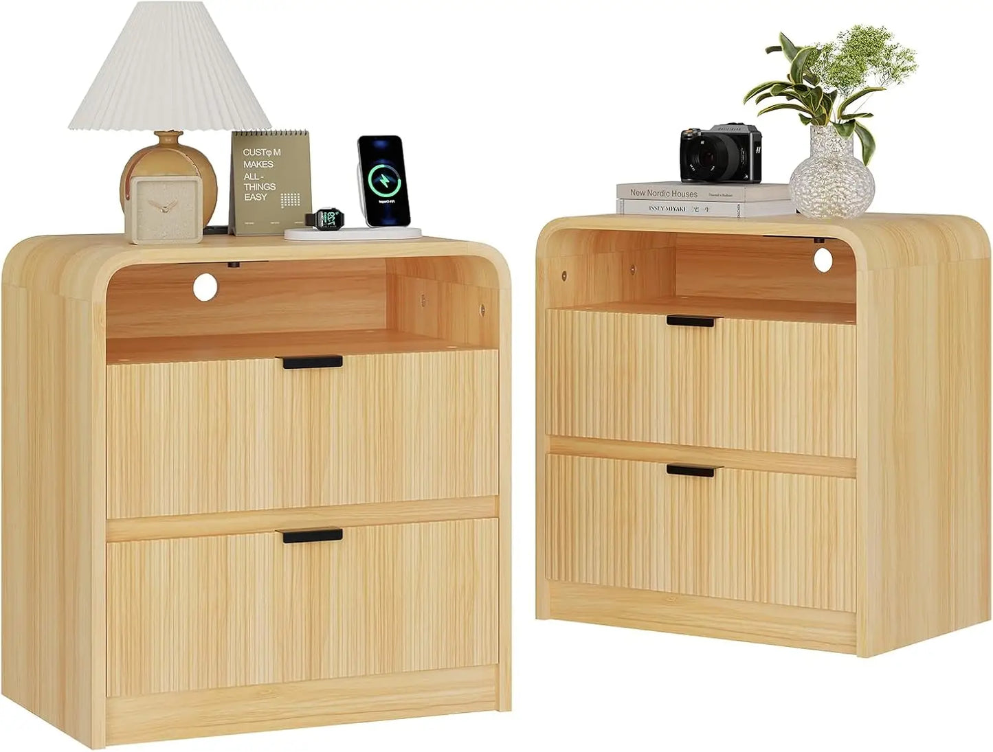24 Inch Fluted Nightstand with Charging Station and 2 Drawers