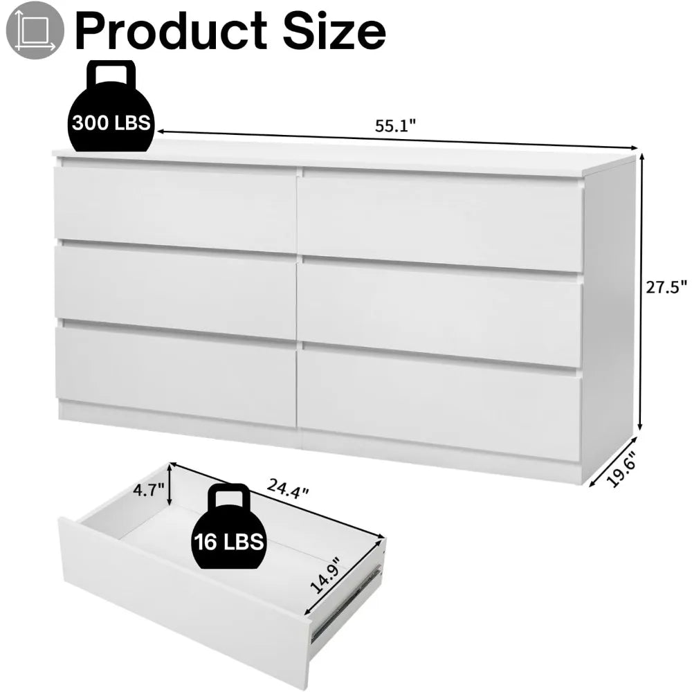 6 Drawer Dresser Modern Chest of Drawers Bedroom Storage Furniture