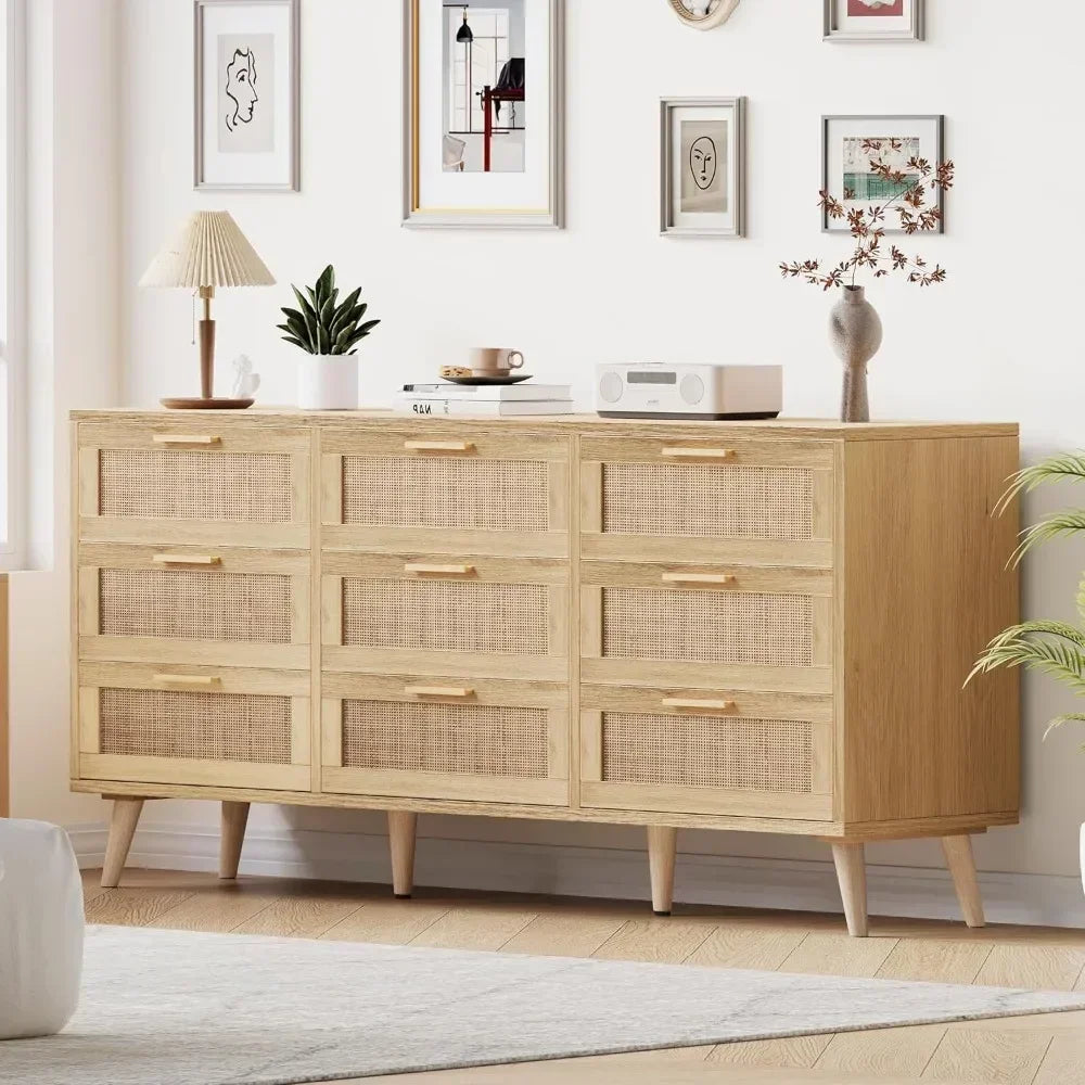 9 Drawer Double Dresser Modern Rattan Chest of Drawers Bedroom Storage