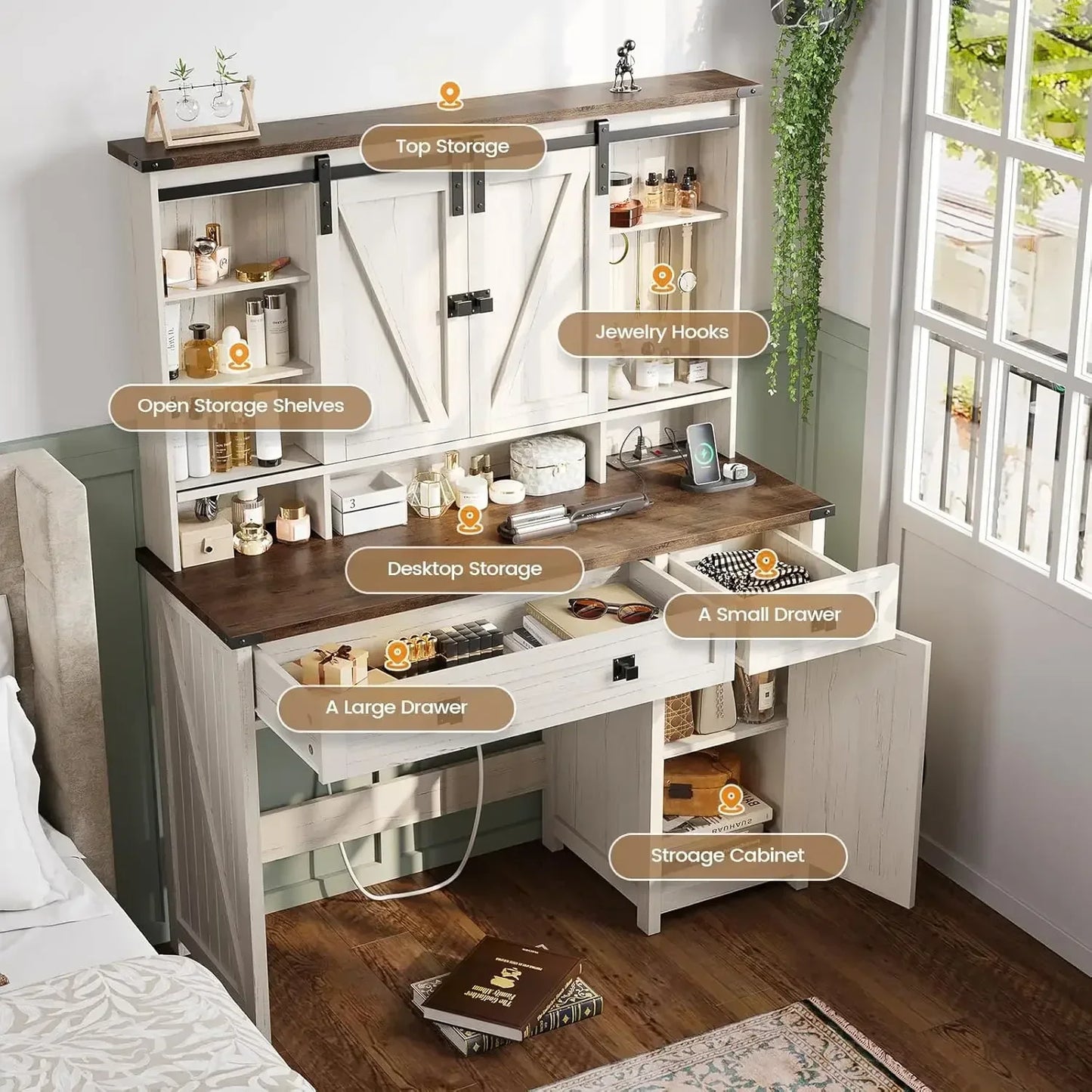 Makeup Vanity Desk with Lights and Barn Doors Charging Station