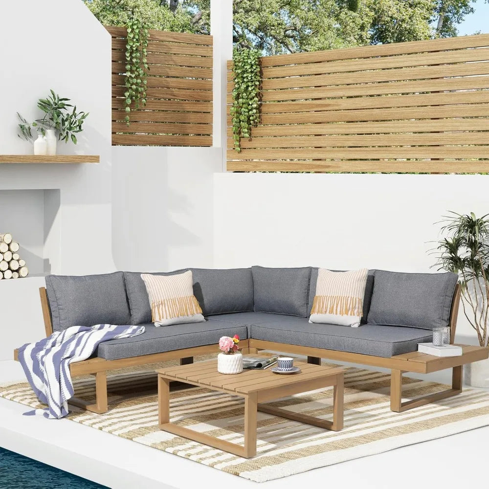 L-Shaped Acacia Wood Patio Sectional Sofa Set with Coffee Table
