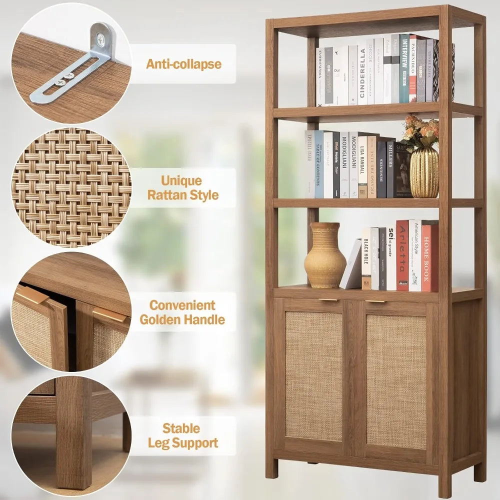 Ljustra 5 Tier Rattan Bookshelf Tall Bookcase Storage Shelves Farmhouse