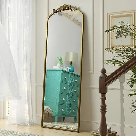 Vintage Gold Arched Floor Mirror Baroque Style Wall-Mountable Shatter-Resistant