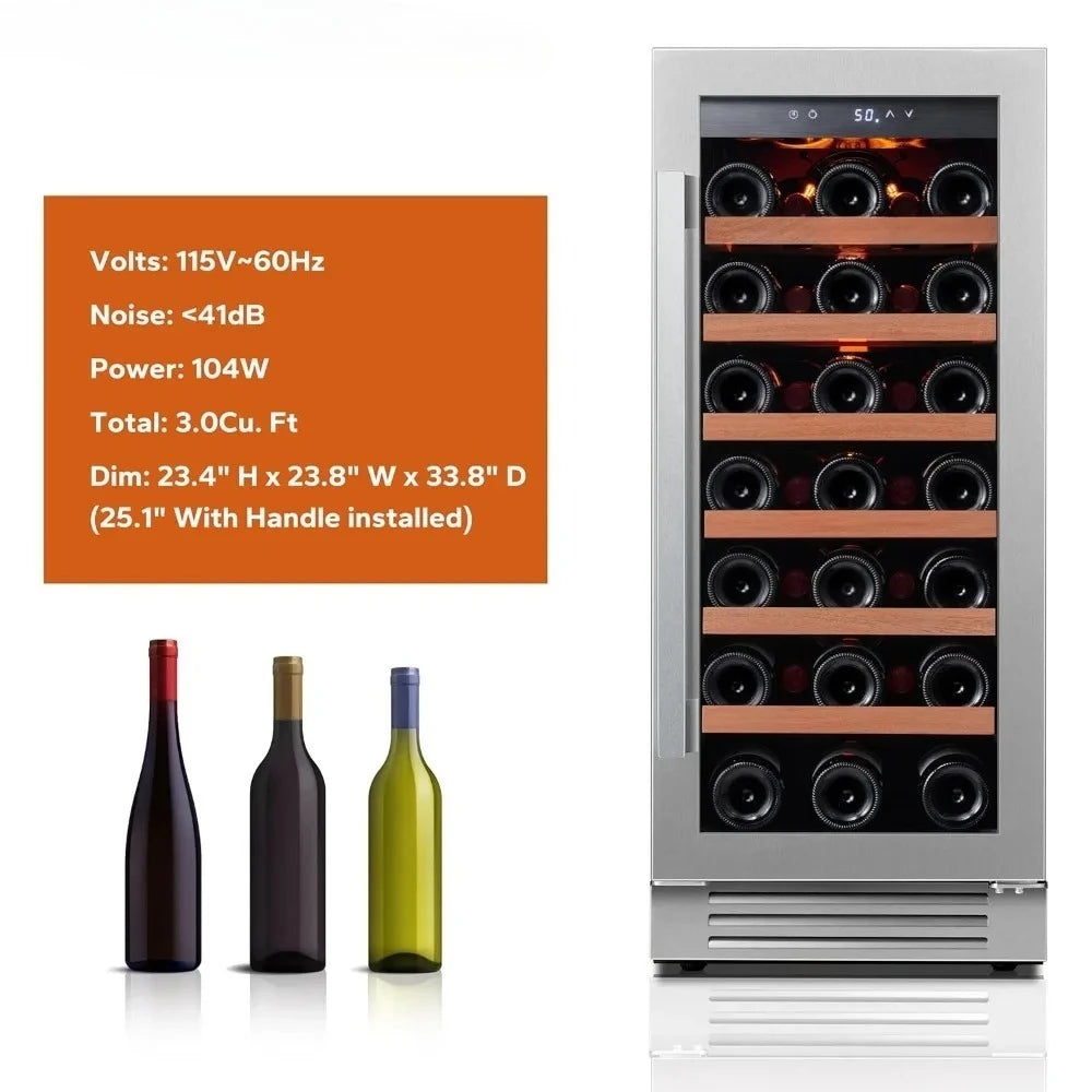 15 Inch Built-in Wine Fridge 33 Bottle Cooler Glass Door LED Lights