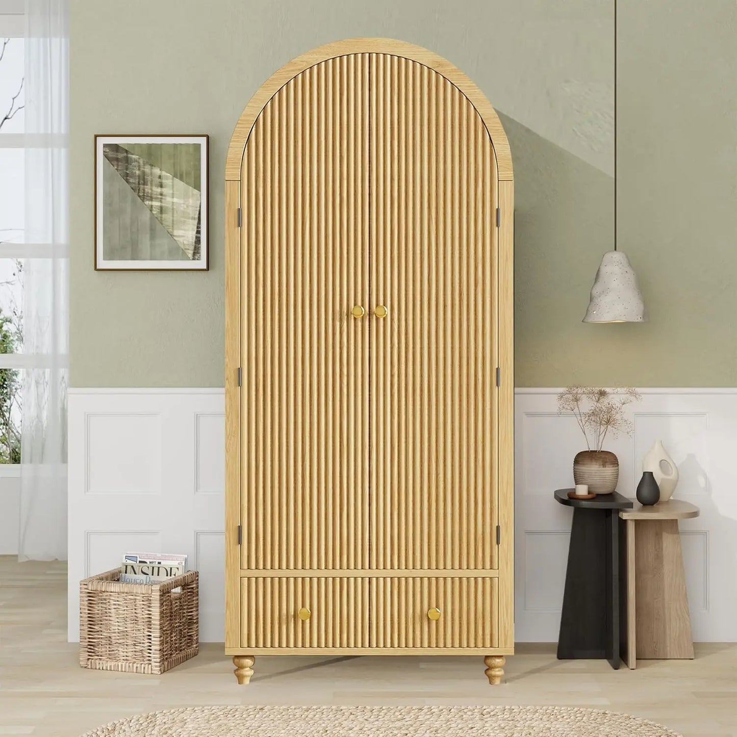 Modern Arched Wooden Storage Cabinet with Fluted Doors and Gold Knobs