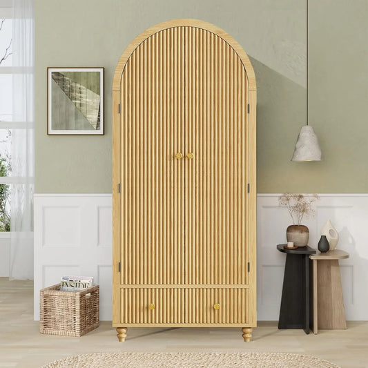 Modern Arched Wooden Storage Cabinet with Fluted Doors and Gold Knobs