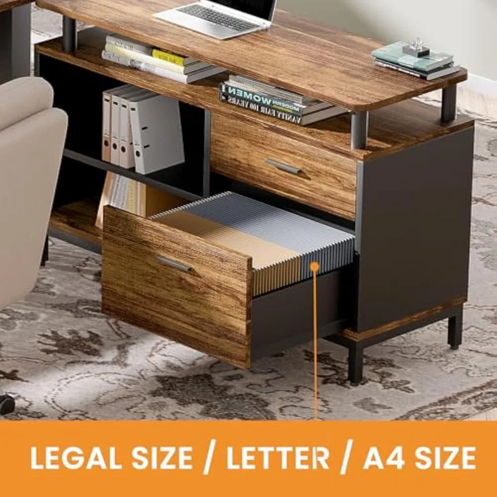 L-Shaped Executive Office Desk with File Drawer and Storage Shelves