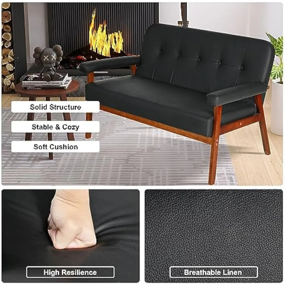 Black Faux Leather Loveseat Small Office Couch Mid Century Modern Sofa