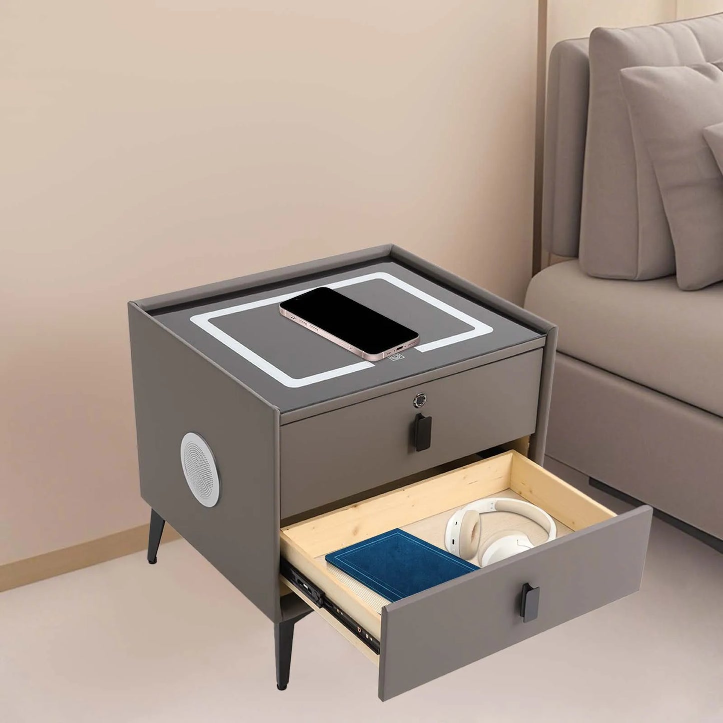 Smart Bedside Table with Bluetooth Speaker and USB Charging Drawers