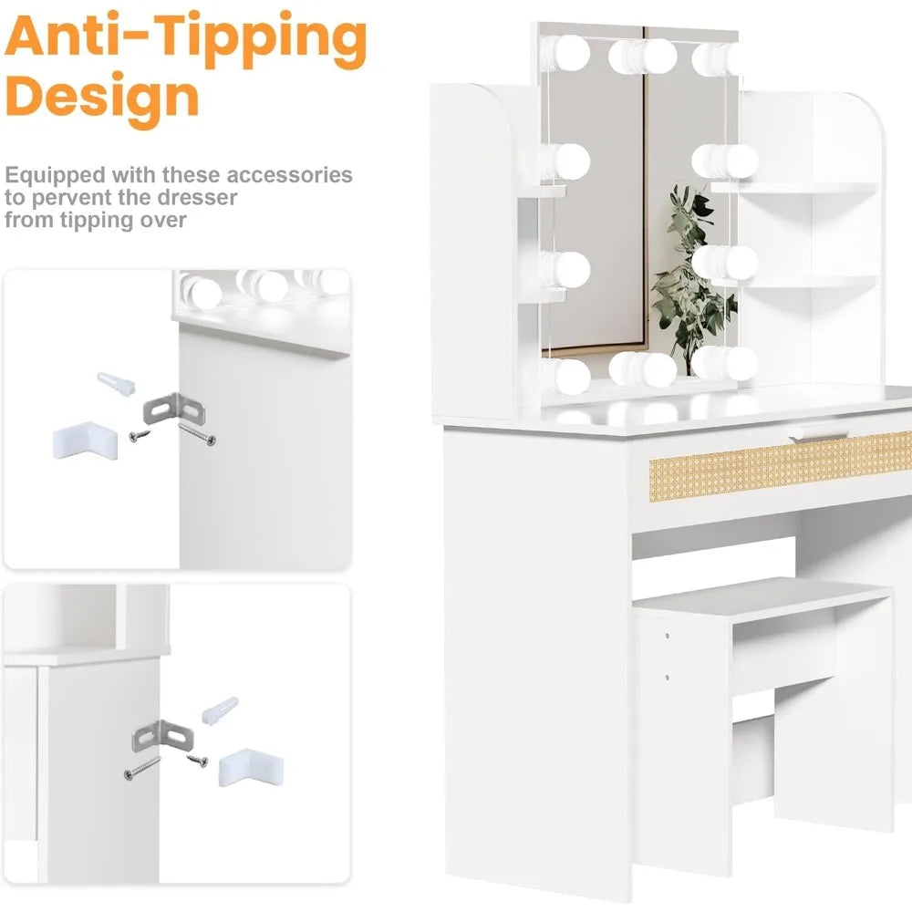 Modern Vanity Desk Set with LED Mirror Storage Stool Dressing Table