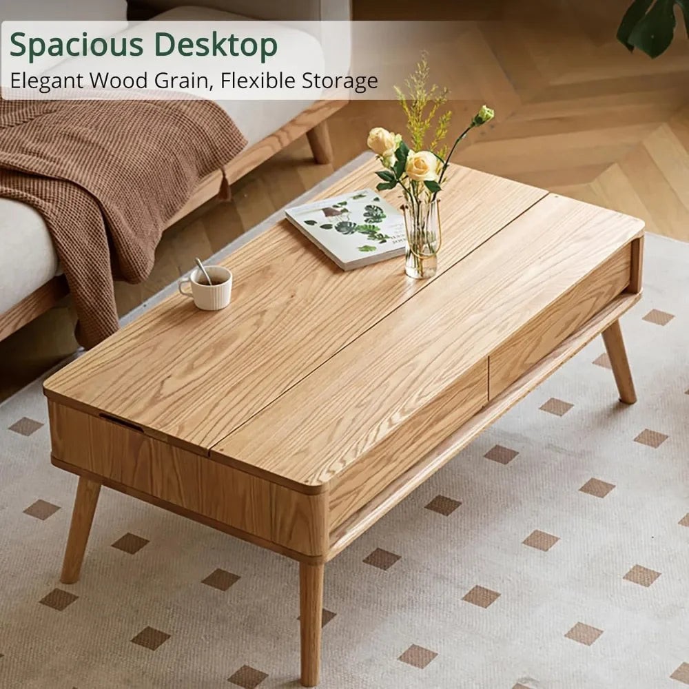 100% Solid Oak Lift Top Coffee Table, Wood Coffee Table with Hidden Compartment and Drawers - Coffee Tables