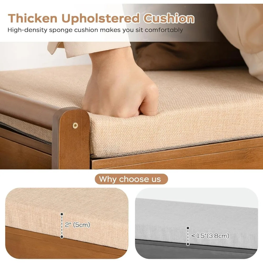 39.4in Bamboo Shoe Bench with Storage Cushion Entryway Organizer