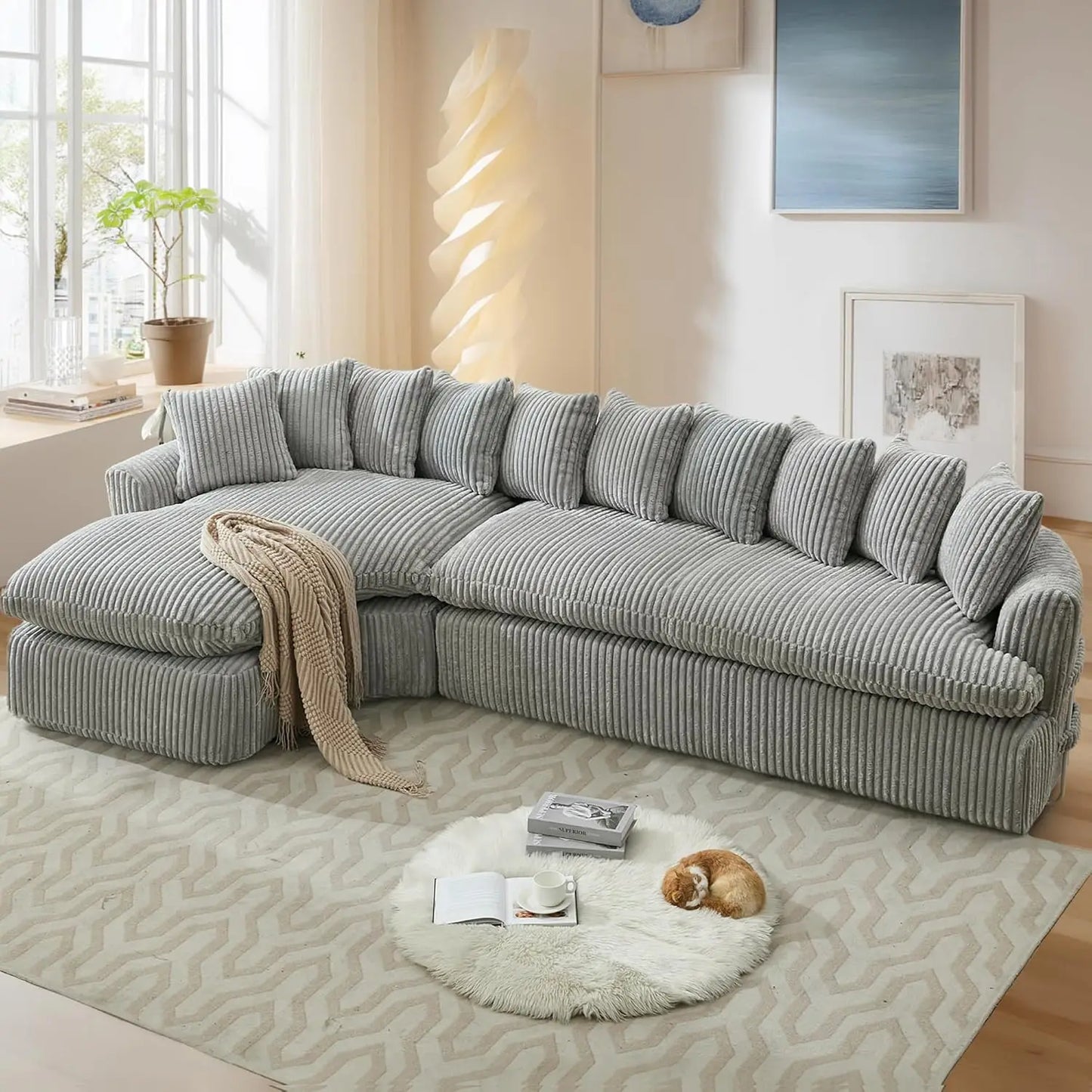 127” Curved L-Shaped Corduroy Sectional Sofa Deep Seat Cloud Couch w/ Pillows