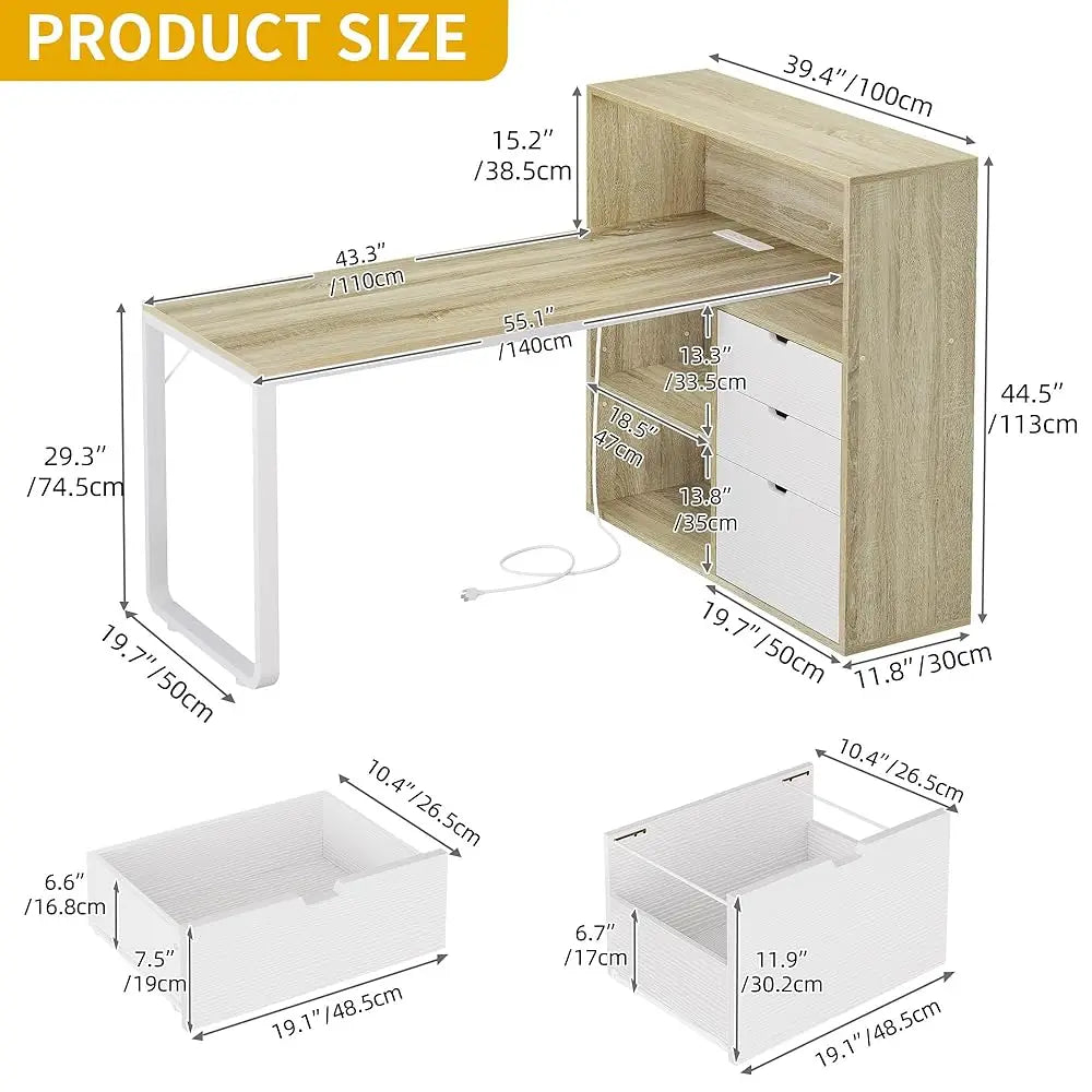 L Shaped Desk with Drawers Power Outlets USB LED Lights Home Office