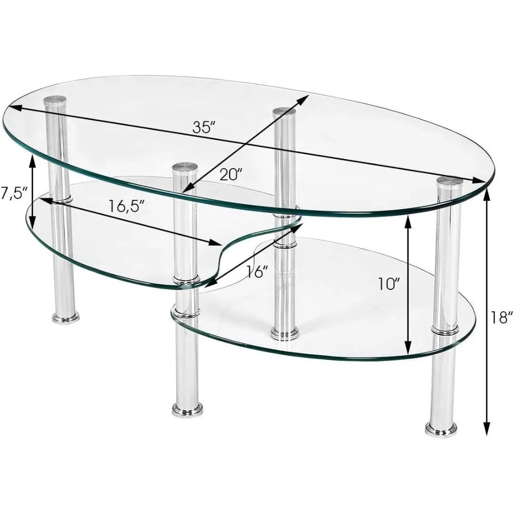 Modern Glass Coffee Table with Steel Legs 3-Tier Shelves for Living Room
